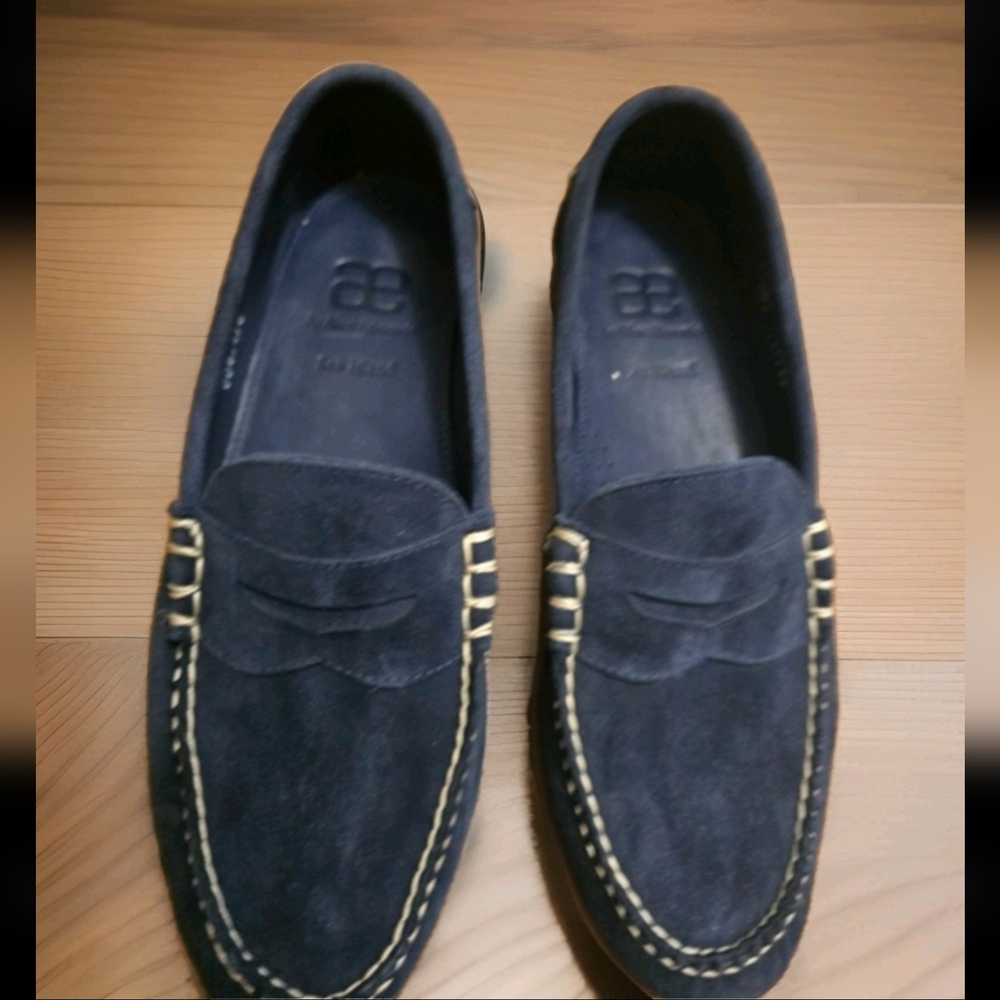 Allen Edmonds Navy Suede Sea Island Penny Loafers with Contrast Stitching